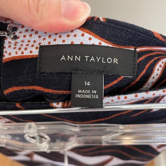 Ann Taylor Leaf Swirl Print Pencil Skirt Navy Blue Brown Cotton Dotty 14 - Picture 4 of 7